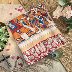 Vriksham Off White Kalamkari Saree With Gatti Border-VS4398