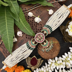 Vriksham Designer Half Moon Style Kundan Jadau Choker-Firosa Color Beads-J3302