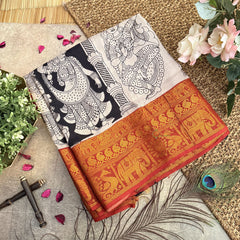Vriksham Black & White Kalamkari Saree With Kanchi Border-VS4406