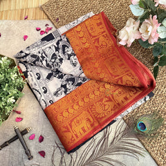 Vriksham Black & White Kalamkari Saree With Kanchi Border-VS4406