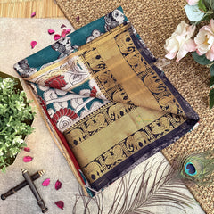 Vriksham Red Green Kalamkari Saree With Kanchi Border-VS4396