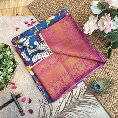 Vriksham Teal Blue Kalamkari Saree with Kanchi Border-VS4215