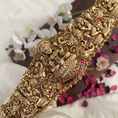 Vriksham Lakshmi With Dual Elephant Bridal Hip Belt-Gold Beads-Red Green-G17597