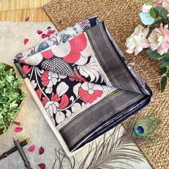 Vriksham Off White Kalamkari Saree with Nizam Border-VS4383