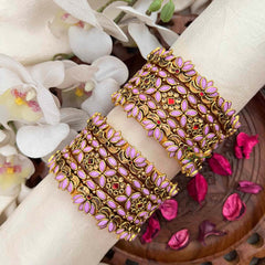 Vriksham Classic White Polki Baby Pink Style Antique Gold Silk Bangles Set-G21739