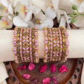 Vriksham Classic White Polki Baby Pink Style Antique Gold Silk Bangles Set-G21739