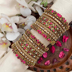 Vriksham Hot Pink & Crystal Floral Stack Lotus Side Kada Silk Bangles Set-G21740