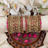 Vriksham Hot Pink & Crystal Floral Stack Lotus Side Kada Silk Bangles Set-G21740