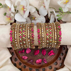 Vriksham Hot Pink & Crystal Floral Stack Lotus Side Kada Silk Bangles Set-G21740