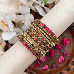 Vriksham Hot Pink & Crystal Floral Stack Lotus Side Kada Silk Bangles Set-G21740