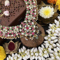 Vriksham Unique Floral Design Kudan Jadau Neckpiece-Red Green-Pearl-J3315