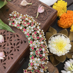 Vriksham Unique Floral Design Kudan Jadau Neckpiece-Red Green-Pearl-J3315