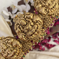 Vriksham Lakshmi With Dual Elephant Bridal Hip Belt-Gold Beads-Red Green-G17599