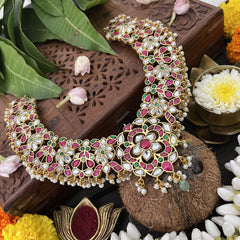 Vriksham Unique Floral Design Kudan Jadau Neckpiece-Red Green-Pearl-J3315