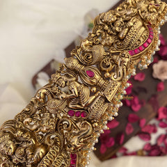 Vriksham Lakshmi With Dual Elephant Bridal Hip Belt-Pastel Green Beads-Red-G17598