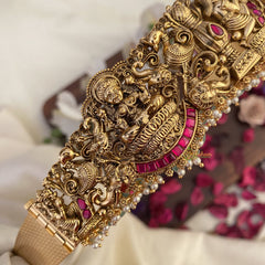 Vriksham Lakshmi With Dual Elephant Bridal Hip Belt-Pastel Green Beads-Red-G17598