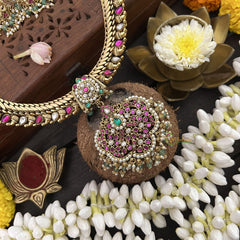 Vriksham Exquisite Kundan Manga Style With Floral Neckpiece-White- Aqua Green Beads-J3301