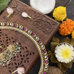 Vriksham Exquisite Kundan Manga Style With Floral Neckpiece-White- Aqua Green Beads-J3301