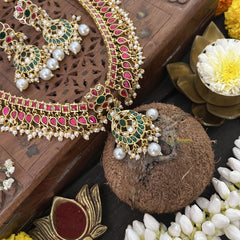 Vriksham Polki diva Style Kundan Jadau Neckpiece-Red Green-White Bead-J3329