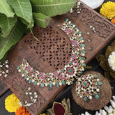 Vriksham Designer Floral Style Kundan Jadau Neckpiece-Aqua Green Bead-J3371