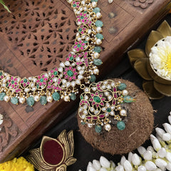 Vriksham Designer Floral Style Kundan Jadau Neckpiece-Aqua Green Bead-J3371