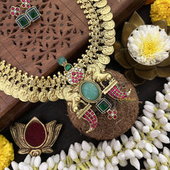 Vriksham Lion Design Coin Kudan Jadau With Two Green Square Neckpiece-J3314