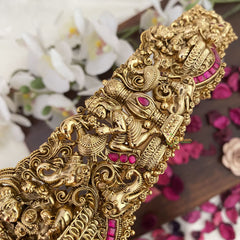 Vriksham Lakshmi With Dual Elephant Bridal Hip Belt-Gold Beads-Red-G17605