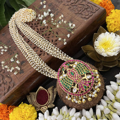 Vriksham Designer Peacock Style 10 Layer Beaded Mala-Red Green-White & Gold Bead-J3322