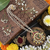 Vriksham Round Peacock Style Pendant-Red Green White -White & Gold Bead-J3324