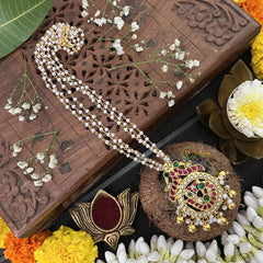 Vriksham Round Peacock Style Pendant-Red Green White -White & Gold Bead-J3324