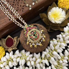 Vriksham Round Peacock Style Pendant-Red Green White -White & Gold Bead-J3324