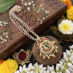 Vriksham Round Peacock Style Pendant-Red Green White -White & Gold Bead-J3324