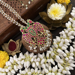 Vriksham Dual Peacock Pendant Jadau Kundan Layered Mala-Red Green-White Beads-J3284
