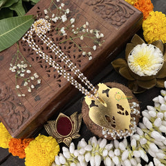 Vriksham Dual Peacock Pendant Jadau Kundan Layered Mala-Red Green-White Beads-J3284