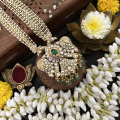 Vriksham Dual Peacock Garuda Benda Reversible Pendant Jadau Kundan Layered Mala- Aqua Green Beads-J3283