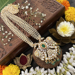 Vriksham Dual Peacock Garuda Benda Reversible Pendant Jadau Kundan Layered Mala- Aqua Green Beads-J3283