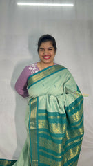 Vriksham Light Sky & Bottle Green Border With Butta Design Kalyani Cotton Saree-VS4960