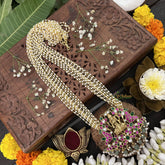 Vriksham Peacock With Lakshmi Style Pendant 10 Layer Beaded Mala-Red Green-White Aqua Bead-J3326