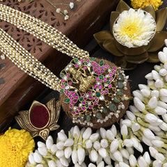 Vriksham Peacock With Lakshmi Style Pendant 10 Layer Beaded Mala-Red Green-White Aqua Bead-J3326