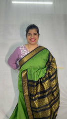 Vriksham Parrot Green & Black Border With Butta Design Kalyani Cotton Saree-VS4961