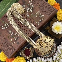 Vriksham Peacock With Lakshmi Style Pendant 10 Layer Beaded Mala-Red Green-White Aqua Bead-J3326