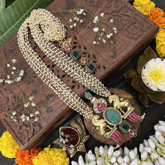 Vriksham Dual Lion Face Pendant Jadau Kundan Layered Mala-Red, Green & White-J3286