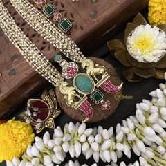 Vriksham Dual Lion Face Pendant Jadau Kundan Layered Mala-Red, Green & White-J3286