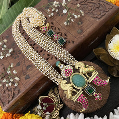 Vriksham Dual Lion Face Pendant Jadau Kundan Layered Mala-Red, Green & White-J3286