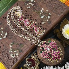 Vriksham Peacock With Parrot Style Pendant 3 Layer Beaded Mala-Red Green-White Bead-J3325