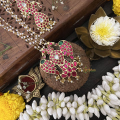 Vriksham Peacock With Parrot Style Pendant 3 Layer Beaded Mala-Red Green-White Bead-J3325