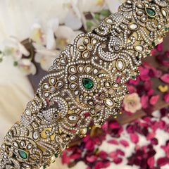 Vriksham Green Victorian Diamond Hipbelt-Elephant Peacock-White Bead-Green Pearls-G17646