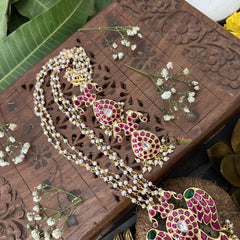 Vriksham Peacock With Parrot Style Pendant 3 Layer Beaded Mala-Red Green-White Bead-J3325