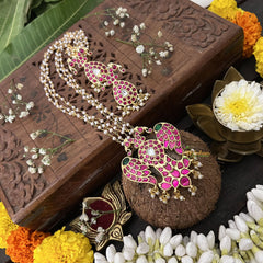 Vriksham Peacock With Parrot Style Pendant 3 Layer Beaded Mala-Red Green-White Bead-J3325