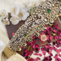 Vriksham Green Victorian Diamond Hipbelt-Elephant Peacock-White Bead-Green Pearls-G17646